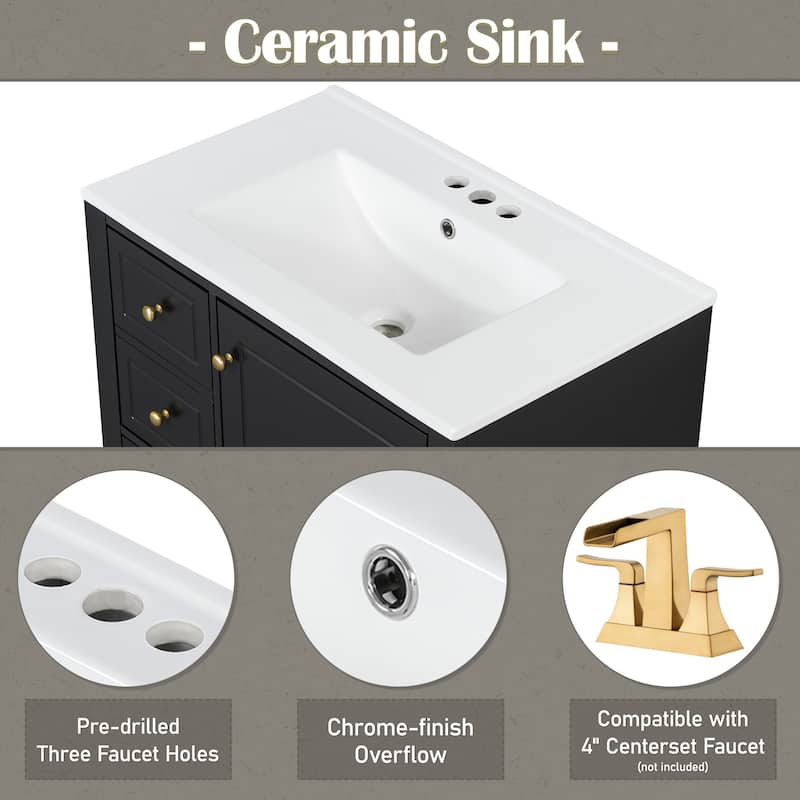 30 Inch Bathroom Vanity with Ceramic Sink, Freestanding Cabinet with 1 Door, Adjustable Shelf & 3 Drawers, Soft-Close Door