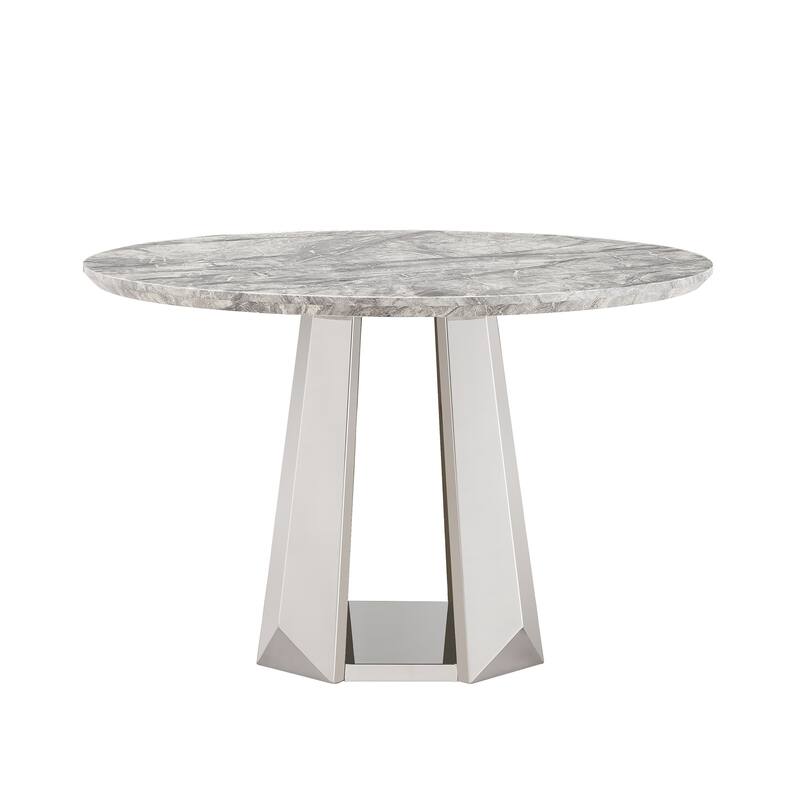 47" Round Dining Table with Faux Marble Tabletop and Stainless Steel Base - Gray+Silver