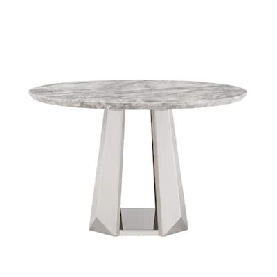 47" Round Dining Table with Faux Marble Tabletop and Stainless Steel Base - Gray+Silver