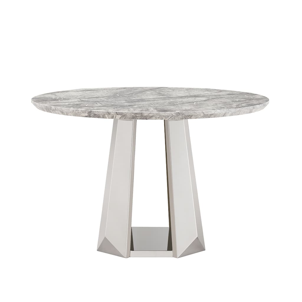 47" Round Dining Table with Faux Marble Tabletop and Stainless Steel Base - Gray+Silver