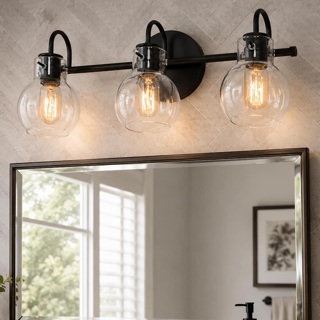 Olia Modern Black 3-Light Bathroom Vanity Light Minimal Globe Glass Wall Sconce