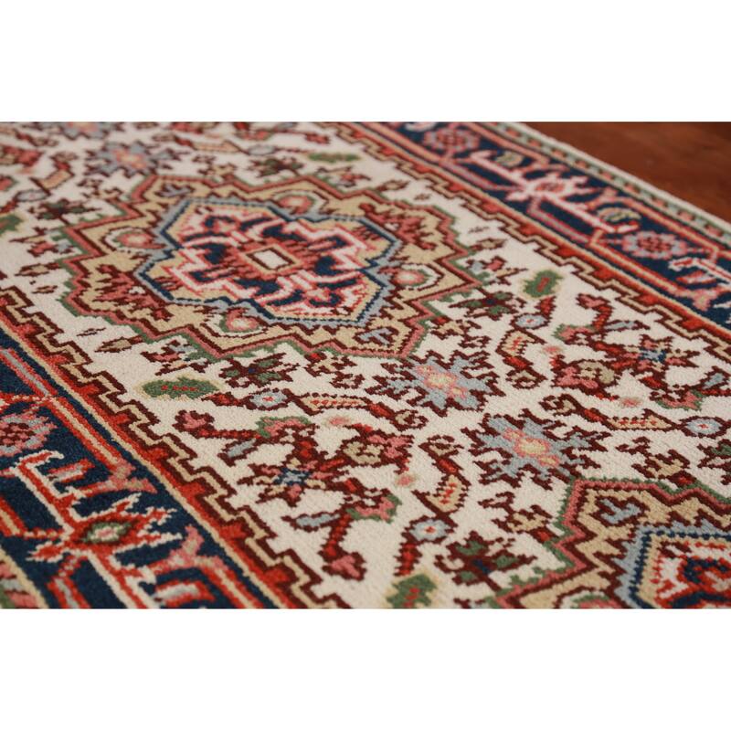 Hand Knotted Oriental 100% Wool Carpet Traditional Geometric Beige & Ivories Heriz (serapi) Runner Rug - 7' 10'' X 2' 7''