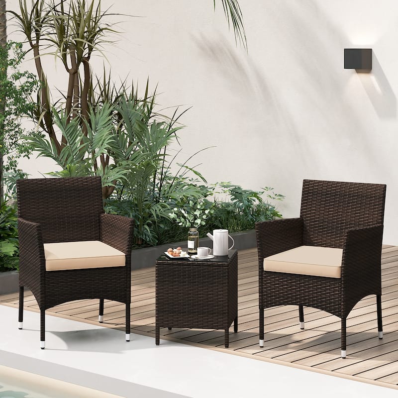 Gymax 3 PCS Outdoor Conversation Set w/ Cushioned Seat & Tempered - Brown