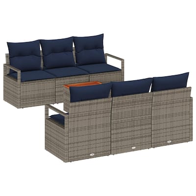 vidaXL 7 Garden Sofa Set with Cushions Black/Grey Poly Rattan - 68.9 x 24.4 x 27.2