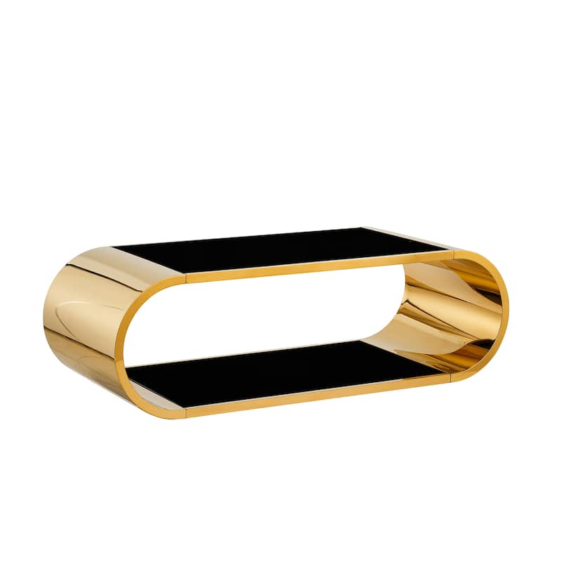 Modern Oval 2-Tier Coffee Table End Table with Gold Stainless Steel Frame, Accent Table Dining Table with Tempered Glass