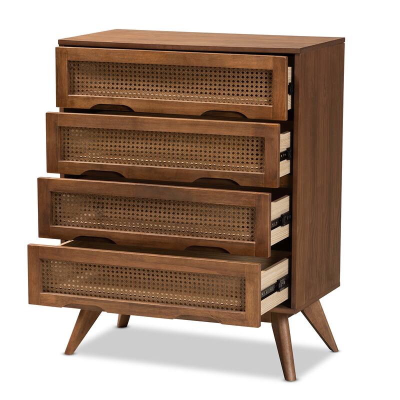 Barrett Mid-Century Modern Wood and Rattan Chest in Walnut Brown Color