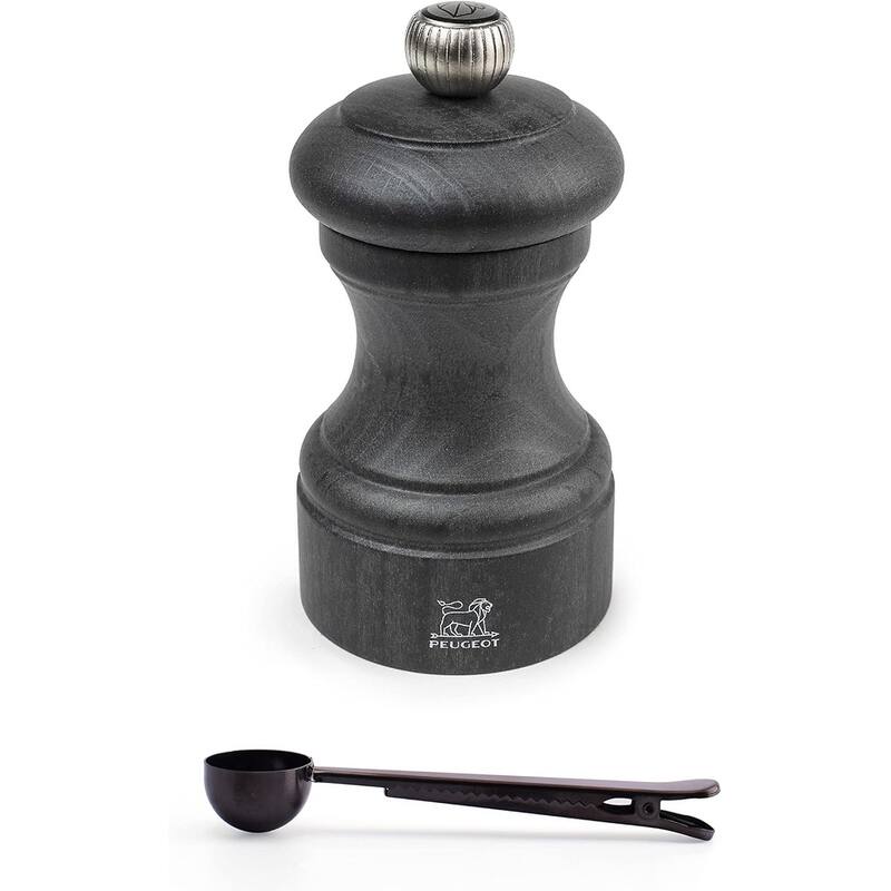 Peugeot Bistro Manual Pepper Mill Gift Set - Classic Adjustable Grinder - Beechwood, - With Stainless Steel Spice Scoop/Bag Clip - Black - 2 Piece
