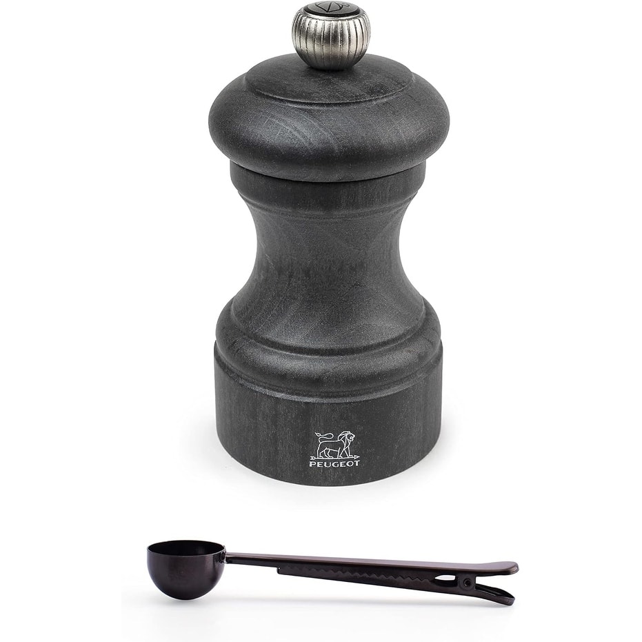 Peugeot Bistro Manual Pepper Mill Gift Set - Classic Adjustable Grinder - Beechwood, - With Stainless Steel Spice Scoop/Bag Clip