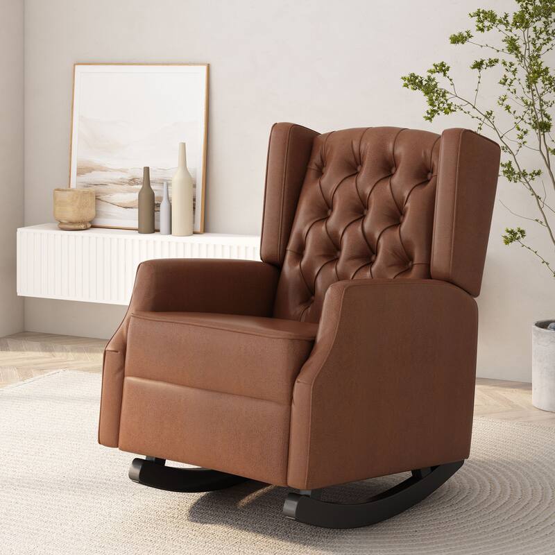 Light Brown Modern 26.5" High Back PU Upholstered Button Tufted Rocking Chair with Wing Back for Living Room