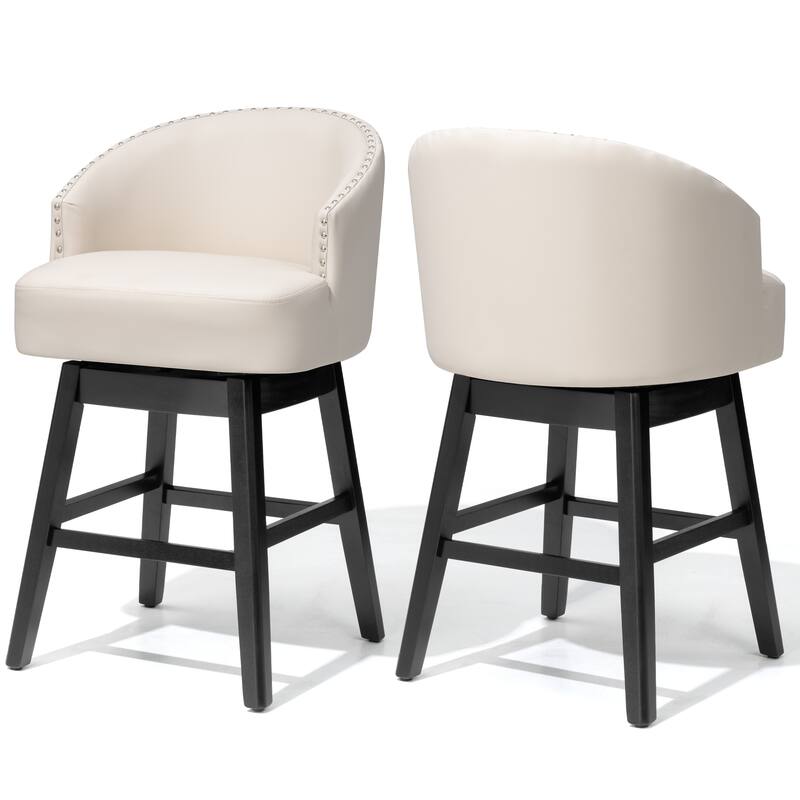 26.4"H Swivel Faux Leather Upholstered Solid Wood Counter Stools - Set of 2 - 26.6''-Beige Cushion+Black Legs