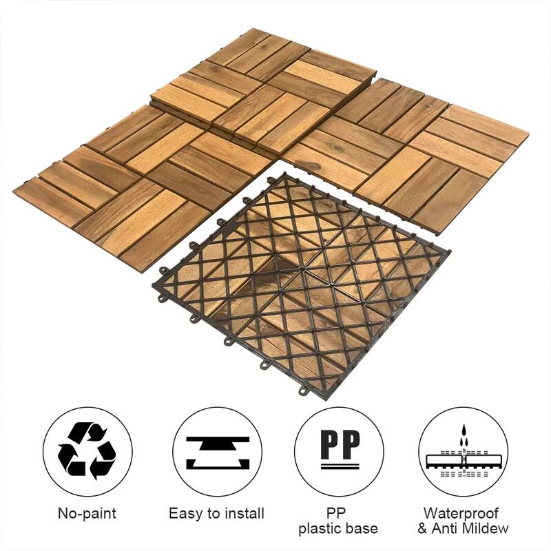 NOVO Solid Acacia 12 Slats Interlocking Flooring Deck Tiles,11.8" x 11.8" (10 Pack) - 11.8" x 11.8"(10p)