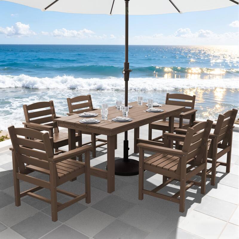 7-Piece HDPE Outdoor Dining Table Sets with Umbrella Hole - 1-Table 6-Chairs