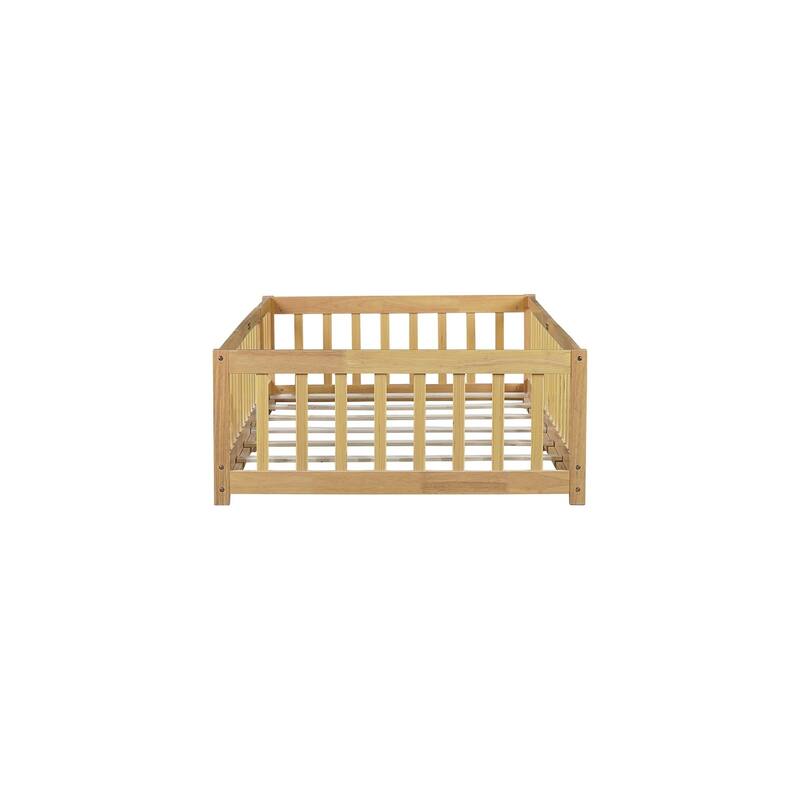 Twin Size Floor Bed with Fence and Door,Rubber Wood Floor Bed with Safety Guardrails