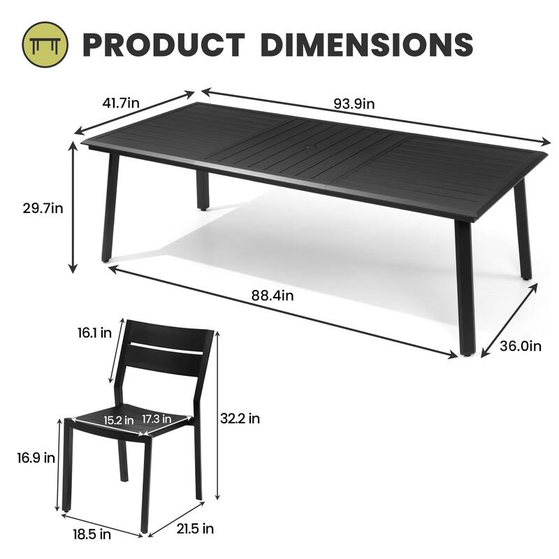 7/9/11 Piece Set Outdoor Aluminum Dining Table with Umbrella Hole for 6-10 Person and Stackable Dining Chairs