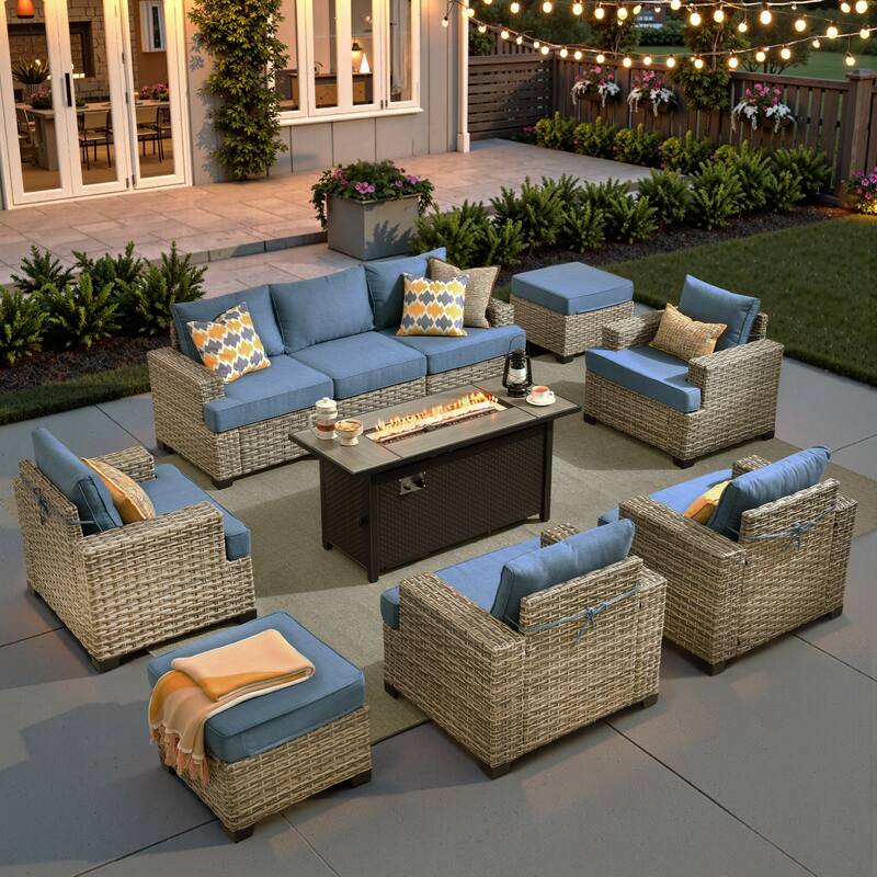 XIZZI 10-piece Outdoor Patio Wicker Furniture Sectional Set with Fire Table