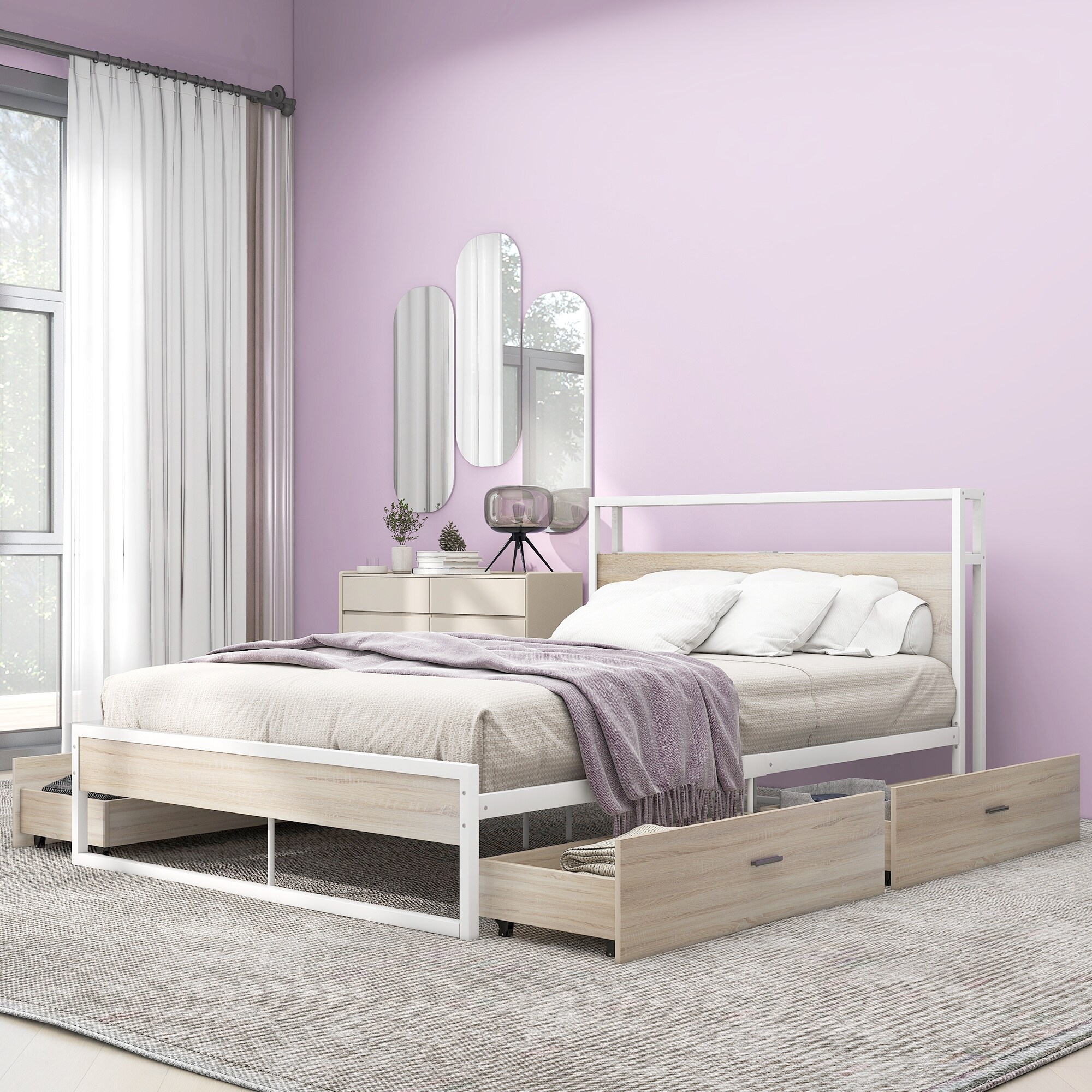 Full Size Metal Platform Bed Frame with Four Drawers Bed Bath