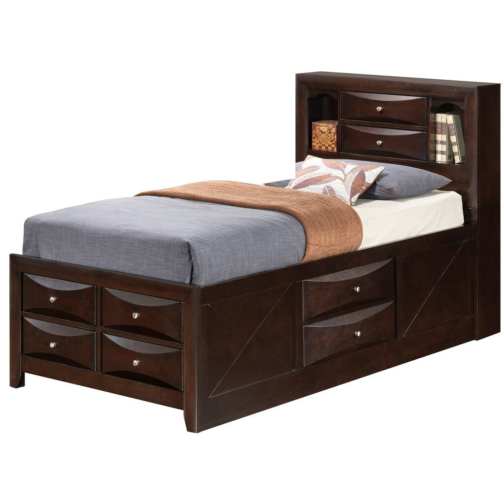 Mediterranean Bookcase Bed - Twin Size, Wood Veneers, Deep Drawers & Open Shelves - Stylish Bedroom Storage