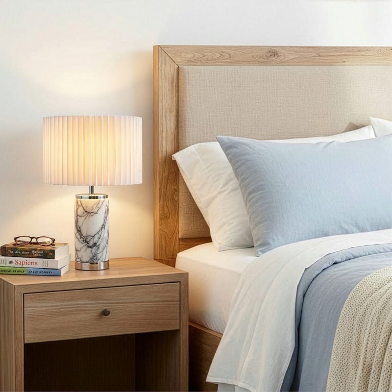 Brightech Arden 17 in. Marble Mid-Century Modern LED Table Lamp with Fabric Drum Shade and Built-In Charging Port
