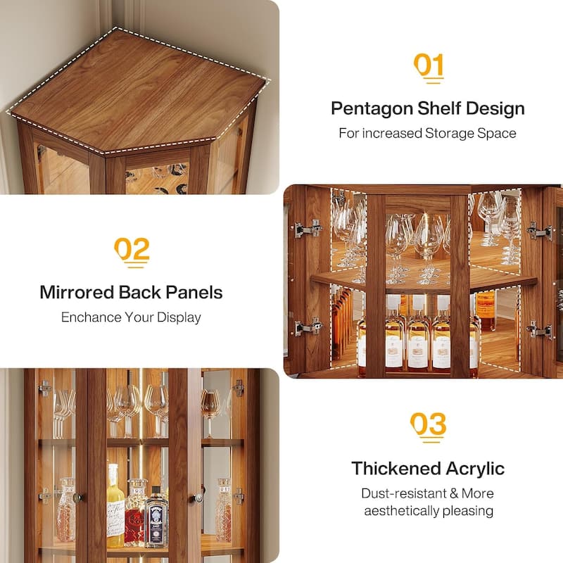 71 Inches Brown Wood Corner Wine Cabinet, 5-Tier Bar Cabinet with Doors & LED Lights for Living Room