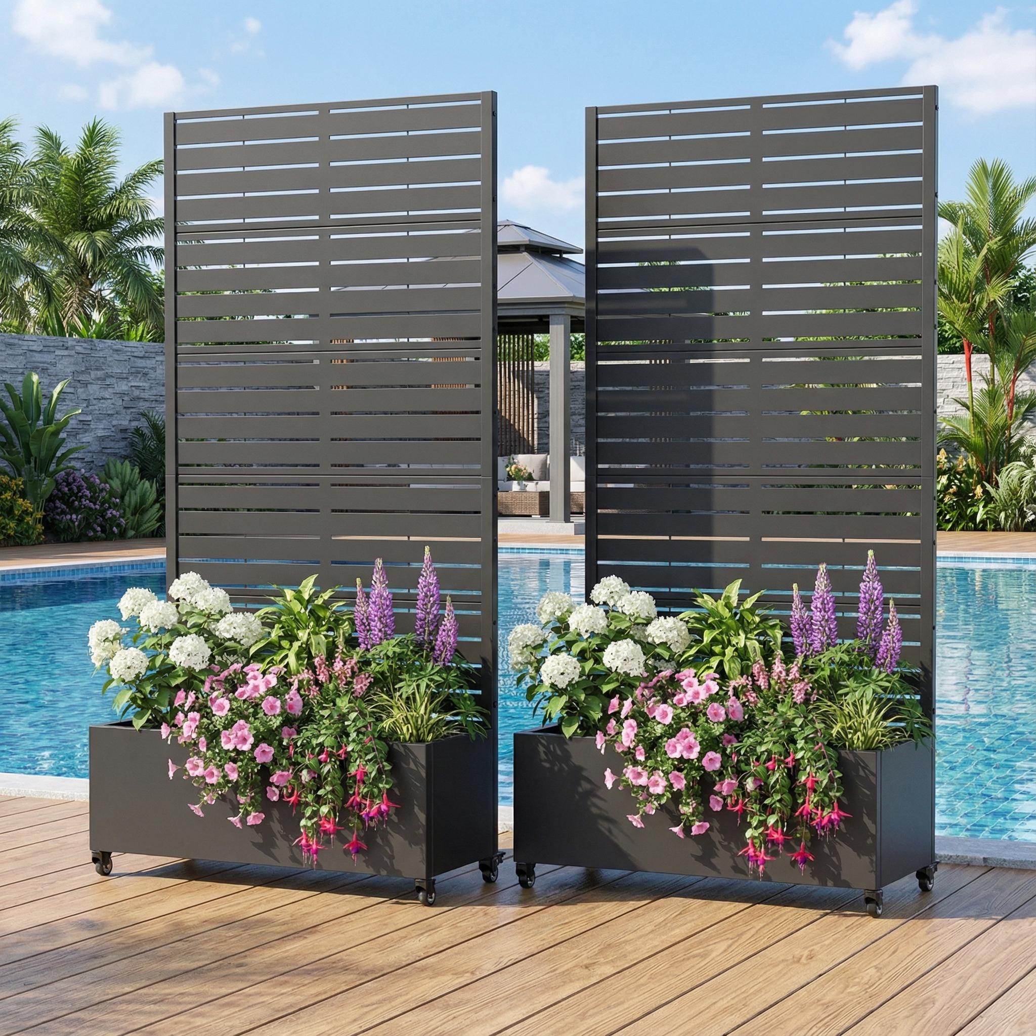 Metal Planter Box with Trellis Privacy Screen Planter Box with Lockable Wheels Set of 2