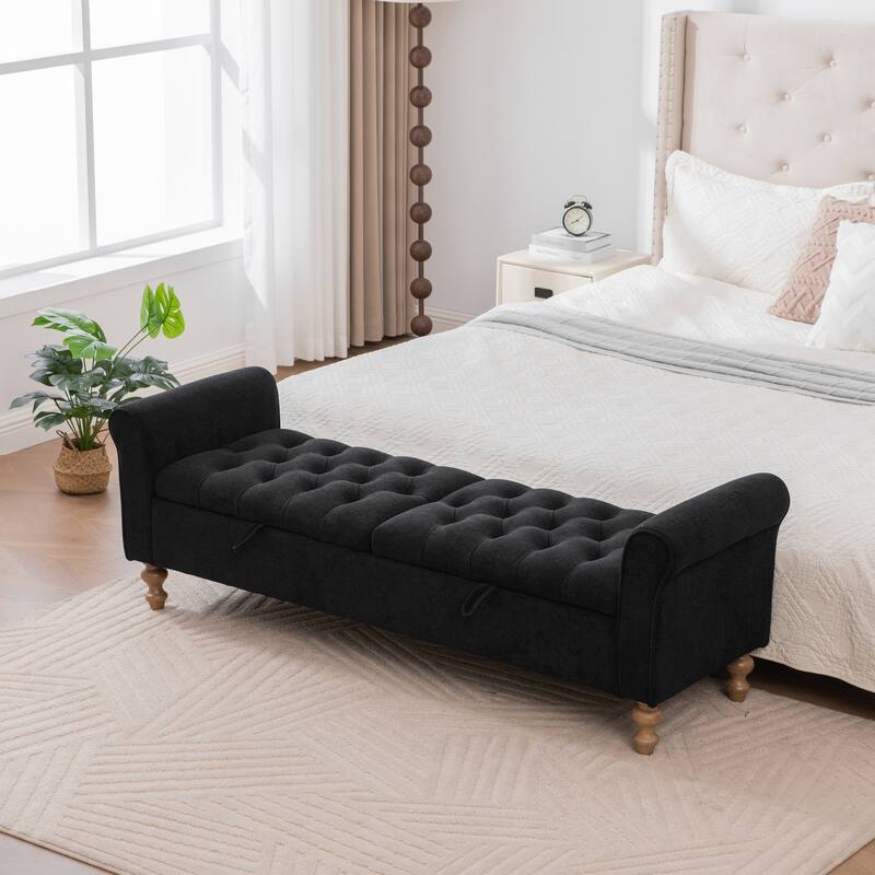 65.7"W Tufted Upholstered Storage Bench With Double Lids,Rubberwood Legs