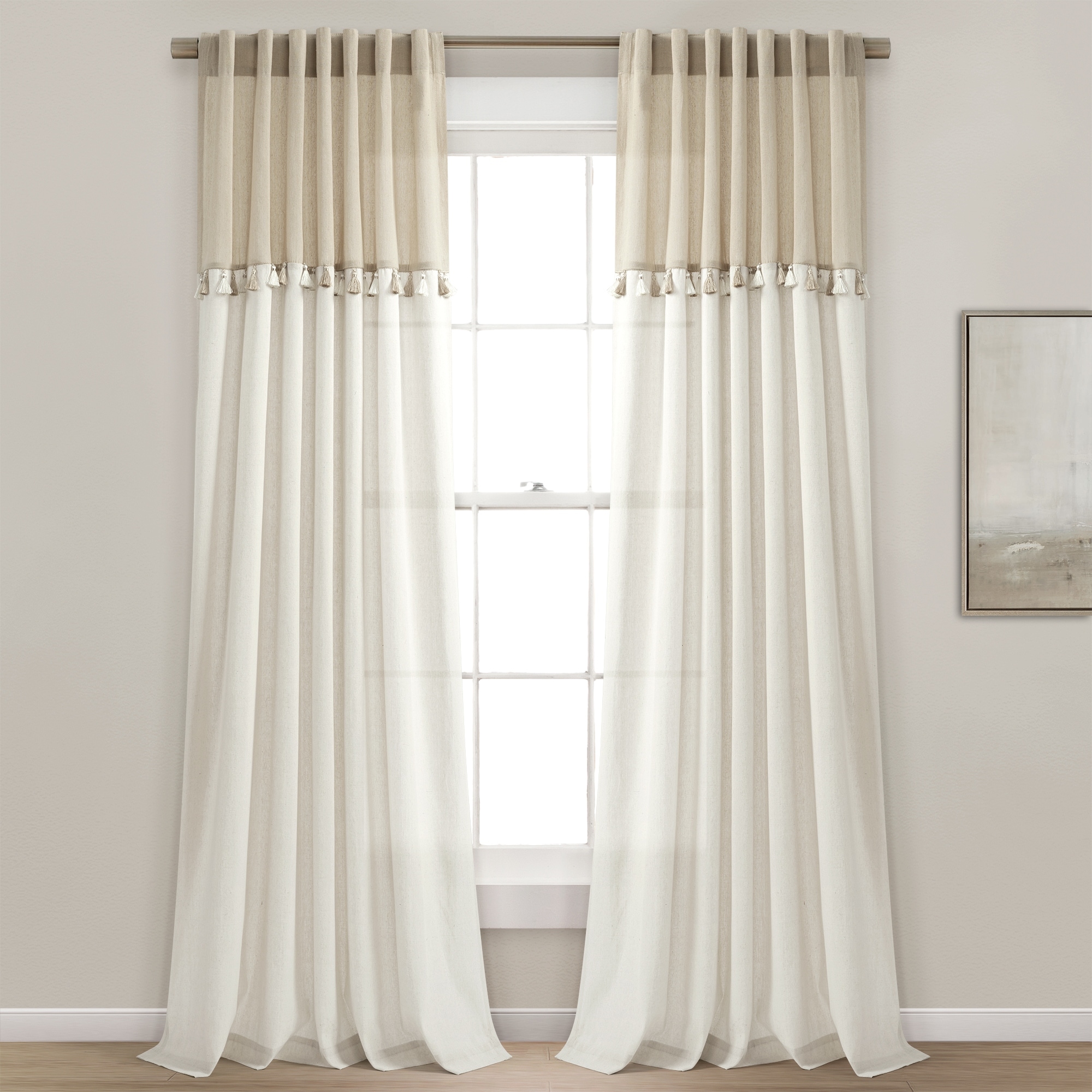 Lush Decor Boho Faux Linen Tassel Color Block Window Curtain Panel