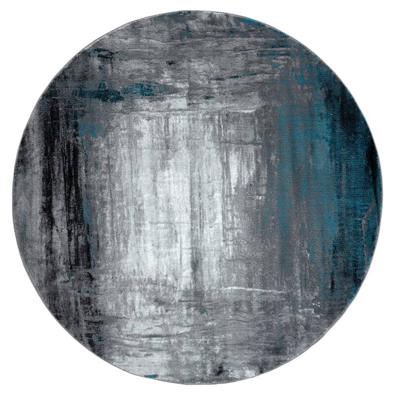 Samos Collection Abstract Area Rug - 6'11" Round - Blue/Grey