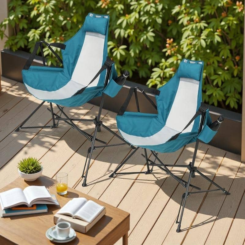 Steel Frame Hammock Camping Chair (2-Pack) with Adjustable Recliner with Pillow and Cup Holder, 250lb Capacity - Blue