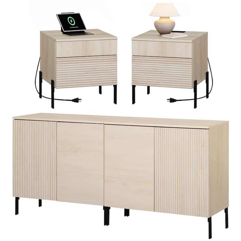 4 Pcs Bedroom Set，Wooden Dresser and Nightstand Sets for Bedroom, Reeded Night Stand of 2 with Charging - Beige