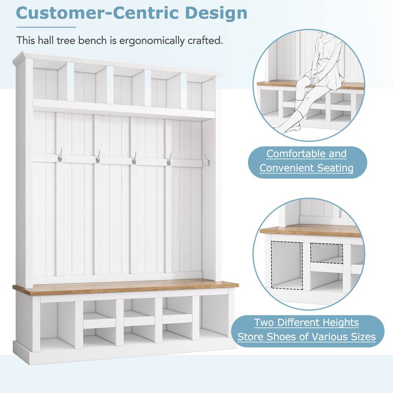 Hall Tree Hallway Storage Bench with Shoe Cubbies and Coat Rack with Hooks