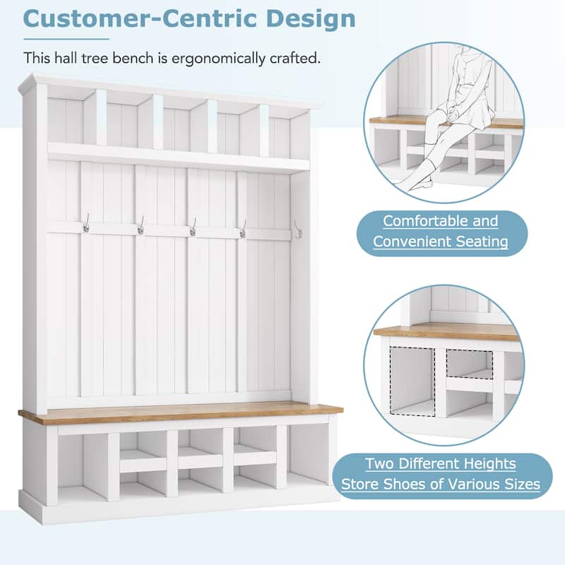Hall Tree Storage Cabinet with 4 Hidden Hooks, Bench, and Open Compartments
