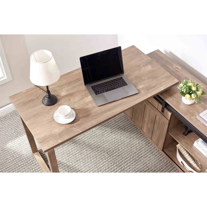 L-Shaped Home Office Desk with Storage Credenza