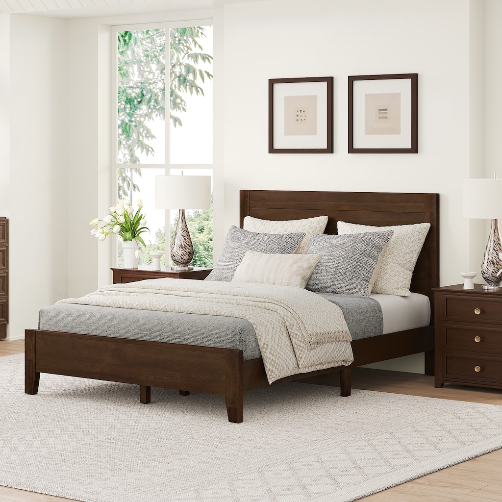 Mid-Century Modern Solid Wood Platform Bed with Headboard Queen/King/Full Size