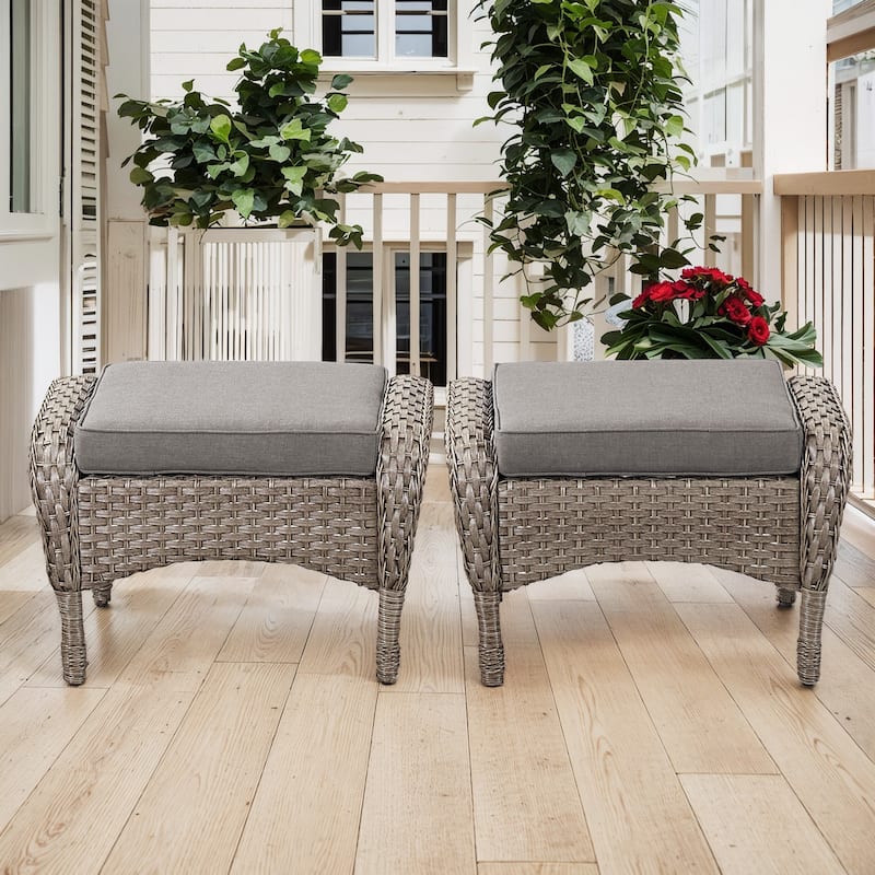 Outdoor Patio Ottoman with Seat Cushion - Grey-Grey