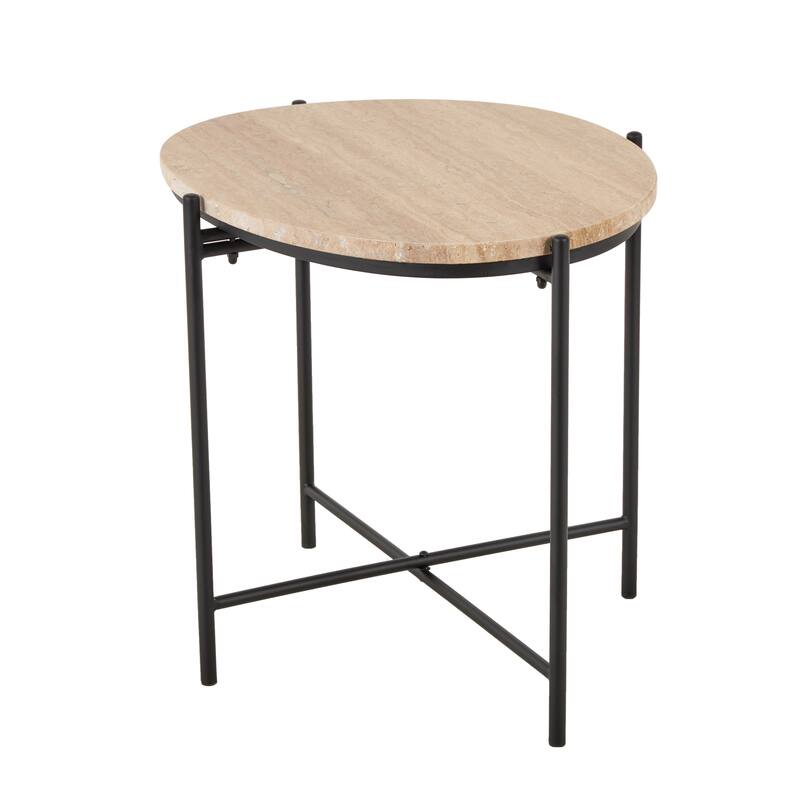 Beige Marble Side End Accent Table with Black Metal Support