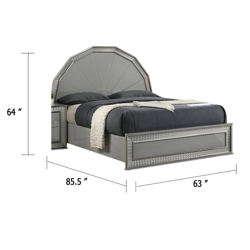 Cyl Queen Bed, Metallic Gray, Scale Molded Trim, Rubberwood, LED Lit