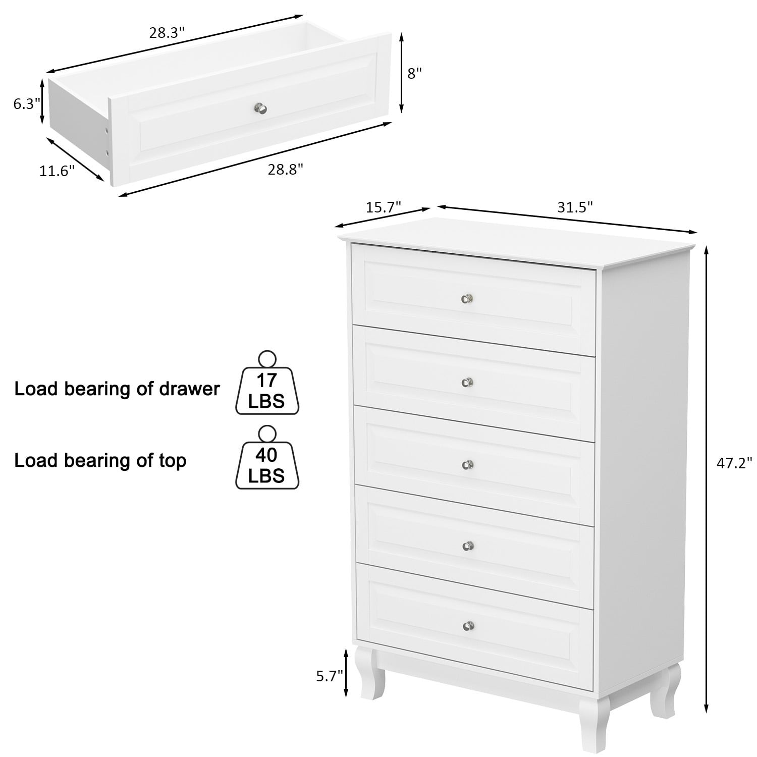 Chest of Drawers Tall 5 Drawer Dresser, Wood Dresser End Table Console