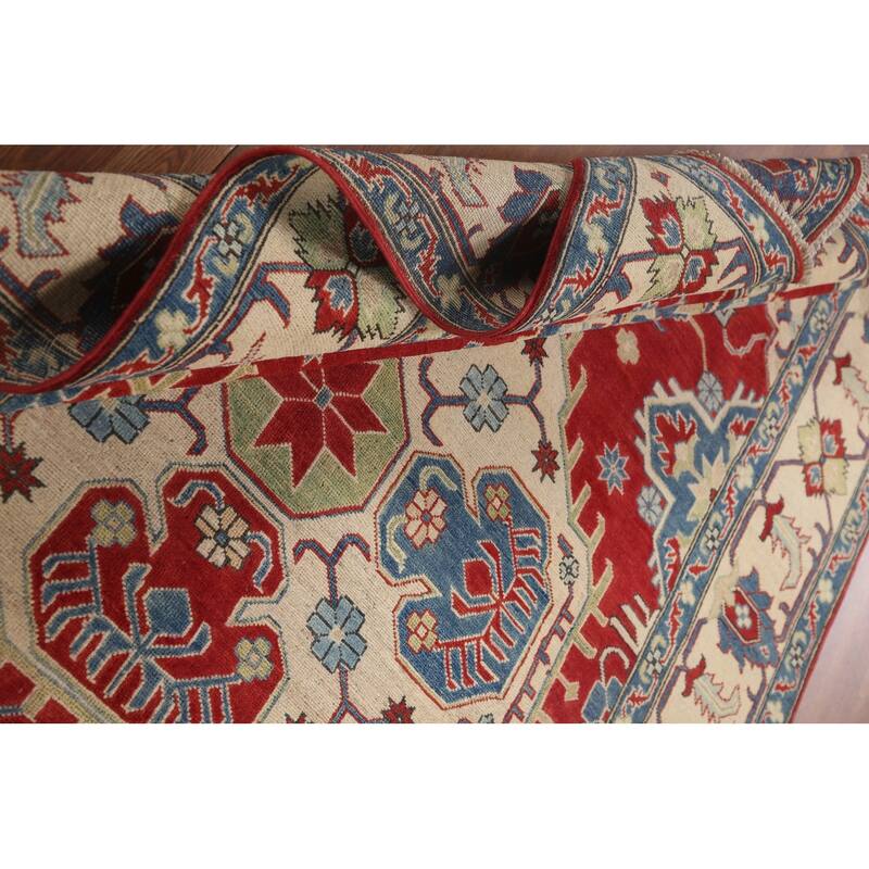 Hand Knotted Oriental 100% Wool Carpet Traditional Geometric Red Kazak Area Rug - 9' 7'' X 6' 7''