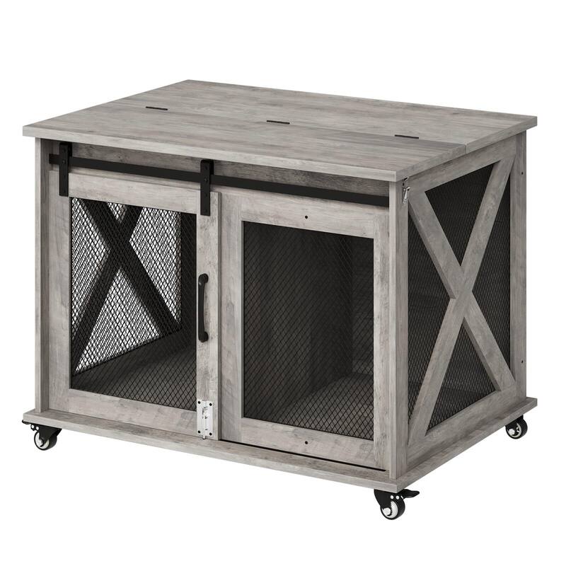 Dog Crate Furniture with Sliding Barn Door,Flip Top Furniture Style Dog Crate End Table with Wheels