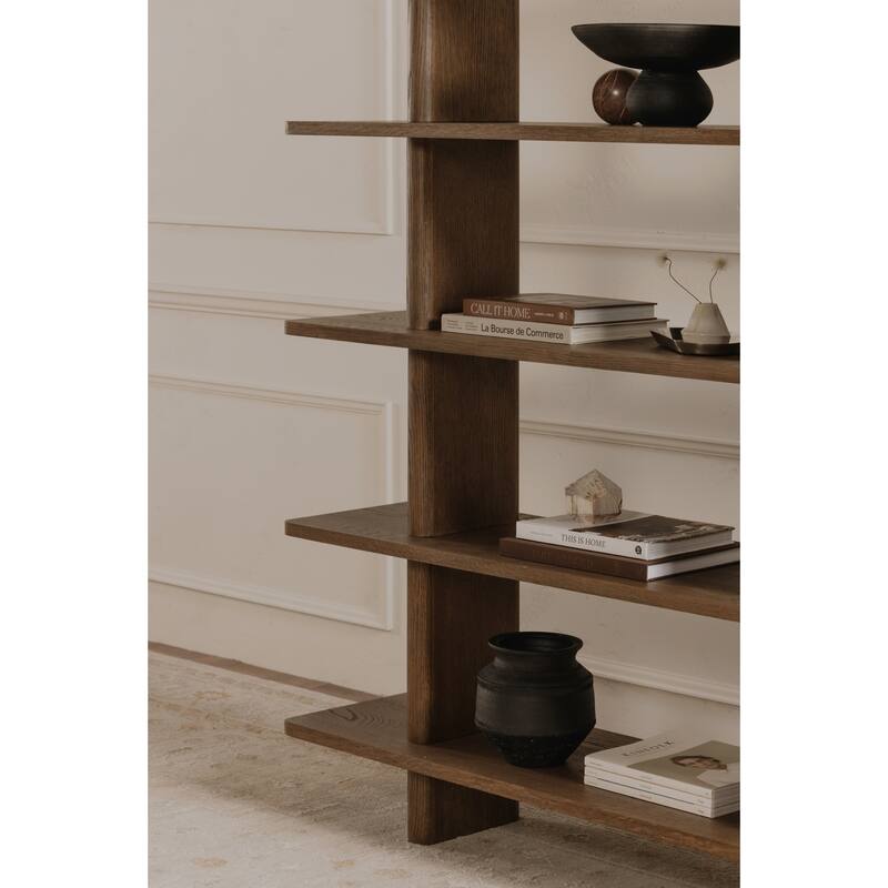 NADAAL STUDIOS Thalor Bookshelf, Large Dark Oak with Bullnose Vertical Supports, Rounded Edges Metal Detail, Dark Brown
