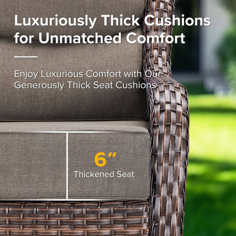 Gymojoy 9-Piece Wicker Patio Furniture Sofa Set with Fire Pit Table, 6-Inch Thick Cushion Swivel Glider Chairs & Ottomans