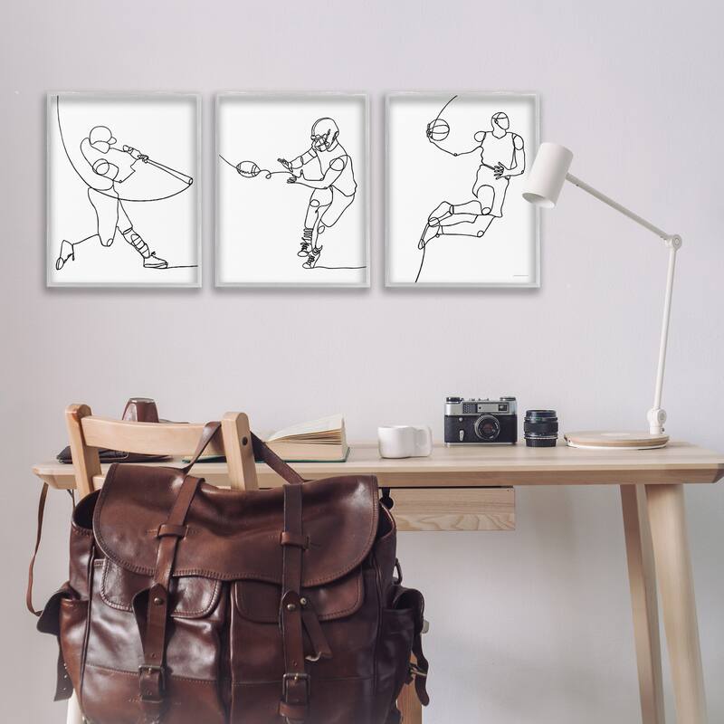 Stupell Simple Line Doodle People Playing Sports Baseball Football Basketball Framed 3 Piece Wall Art - Black