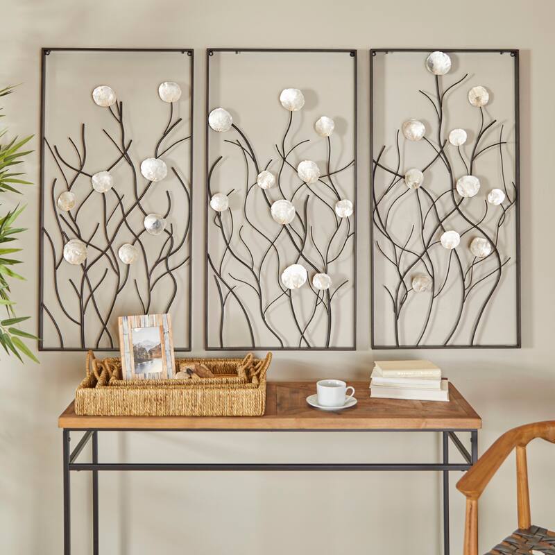 Metal Floral Wall Decor with Capiz Accents - Set of 3 Black - Roche River Decor