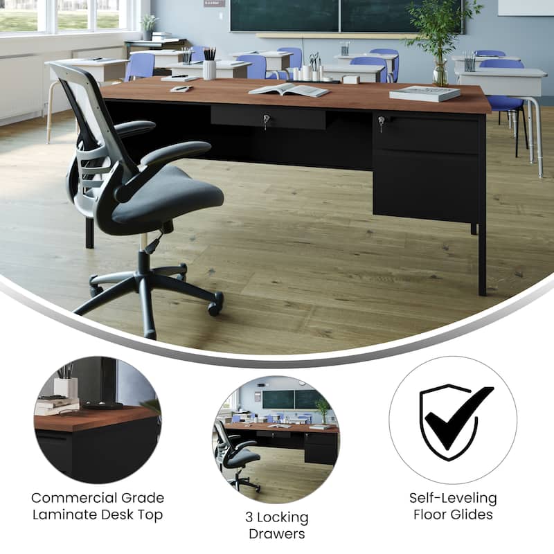 Commercial Right Side Single Pedestal Desk with 3 Locking Drawers
