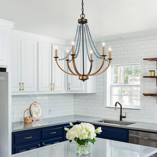 slide 2 of 10, Mid-century Modern 6-Light Empire Crystal Beaded Chandelier Black Gold French Country Boho/ Coastal Dining Room Lighting