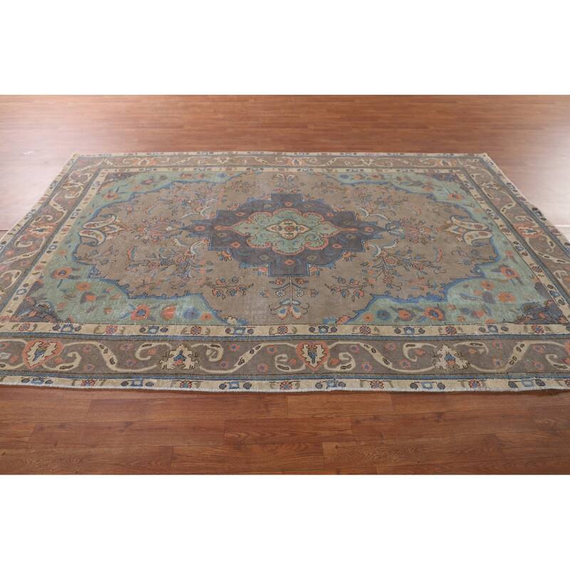 Tabriz Living Room Vintage Rug Handmade Wool Carpet - 6'5"x 9'6"
