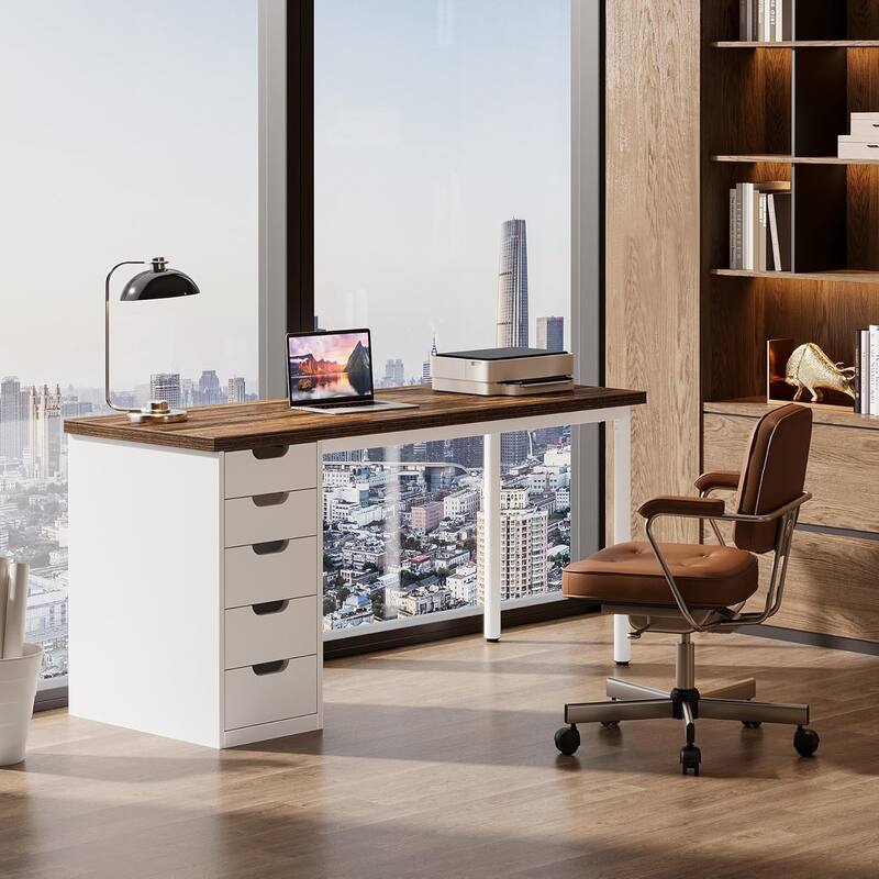 PC/Computer Desk with 5 Reversible Drawers, Home Office Desk with Storage, Laptop Desk Study Writing Table Workstation