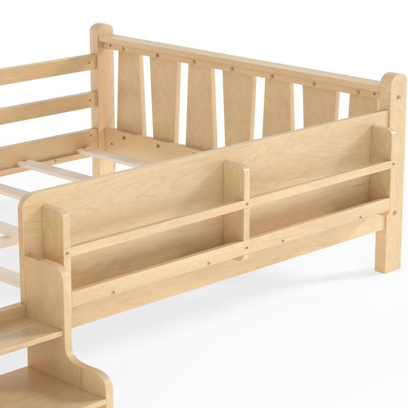 Full/Twin Floor Bed with Storage Bookcases & Cute Stairs - Solid Wood Kids Bed, No Box Spring