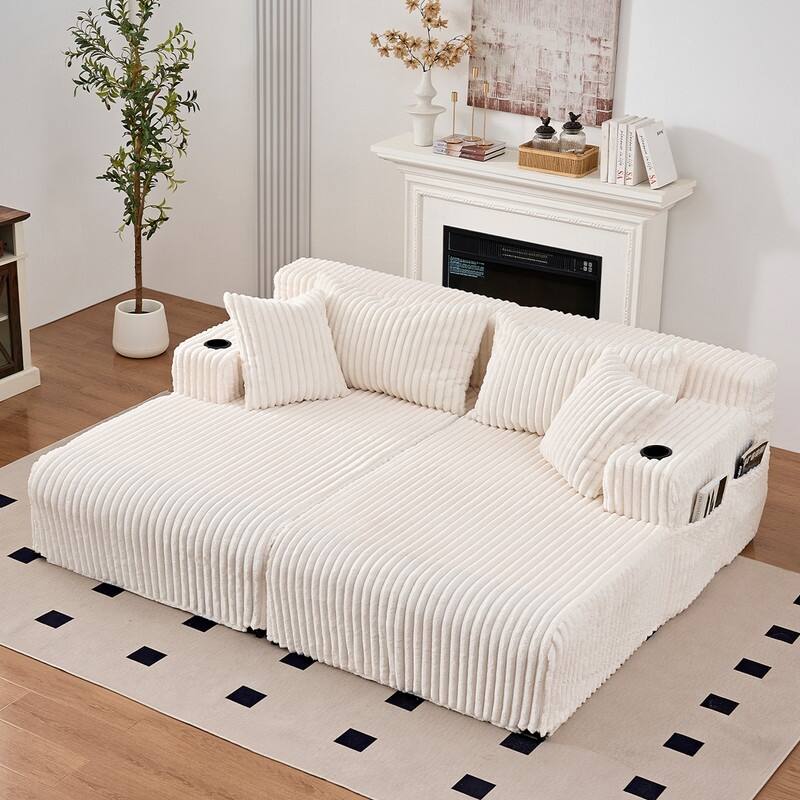 Mixoy 85"Movable Double Chaise Lounge Sofas,Loveseat with Cup Holder,Side Pockets,2 Pcs Oversized Single Sleeper Sofa Chair - Beige - 2-Pieces