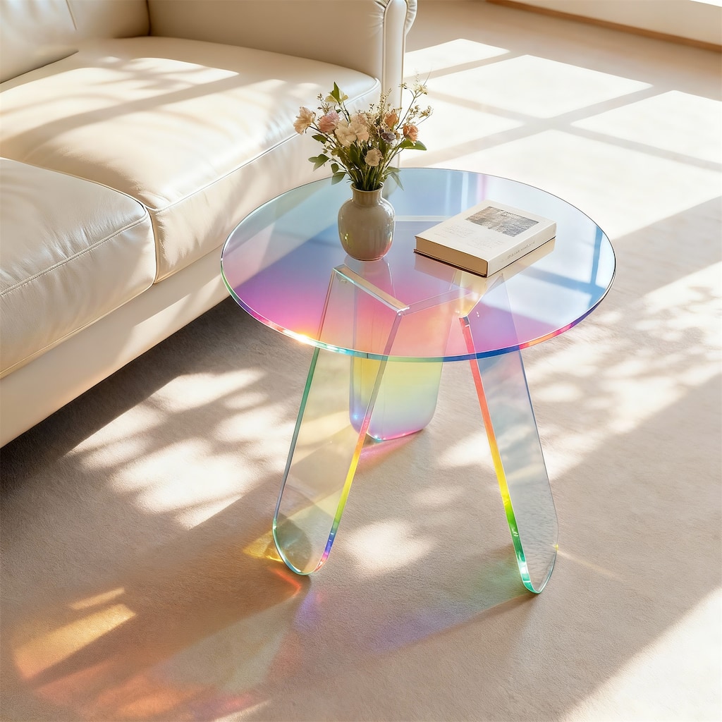 Acrylic Coffee Side Table Round Iridescent Rainbow End Table with PVC Table Cover